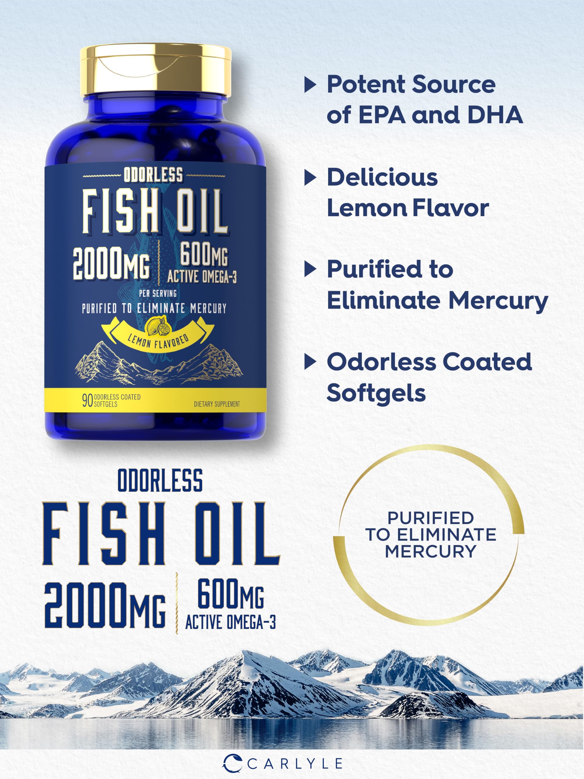 Carlyle Fish Oil 2000mg | 600mg Omega 3 with EPA & DHA | 90 Odorless Softgels | Lemon Flavored Supplement | Non-GMO & Gluten Free Pills